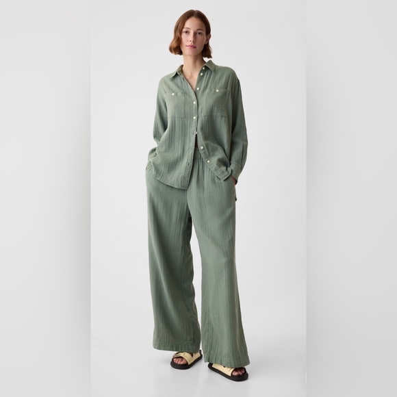 GAP Pants - Gap Crinkle Gauze High Rise Wide Leg Pants Laurel Wreath Green